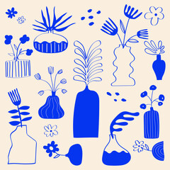Abstract plants. Set of creative minimalist hand painted illustrations with decorative branches, leaves, vases and abstract flowers.  Doodles floral vector illustration