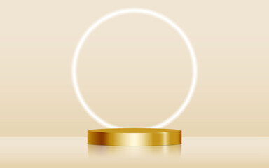 Realistic golden blank product podium scene isolated with round neon light on background. Gold cylinder mock up scene. Geometric metallic round shape for product branding. 3d vector illustration