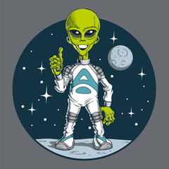Cute alien character. Green extraterrestrial humanoid standing on another planet, showing thumb up gesture. Comic book style vector illustration. © ledokol.ua
