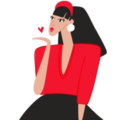 Fashion illustration, stylish young woman sending an air kiss