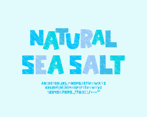 Blue food label Natural sea salt with sketch funny font