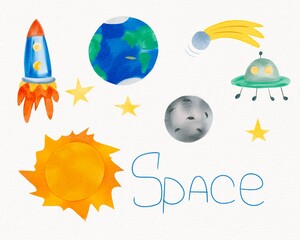 set of space icons Watercolor