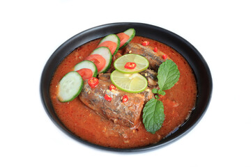 Spicy canned sardine salad, Delicious salad canned fish in tomato sauce with chili pepper, lemon,...