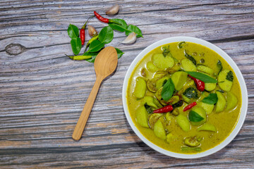 My lunch is green curry with clown featherback fish balls topping, basil and fresh chili is thai cuisine spicy flavour and eat with jasmine rice, it will be very awesome.