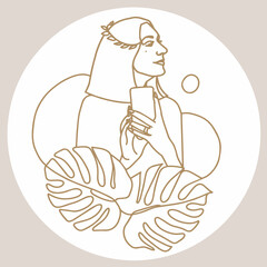 Beautiful girl with a phone in her hands. Stylish highlight. Line art. Nude shades. Print for covers, postcards, textiles, stationery. Vector illustration isolated on white background.