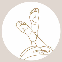 Beautiful female feet. Pedicure. Stylish highlight. Line art. Minimal style. Nude shades. Print for covers, postcards, textiles, stationery. Vector illustration isolated on white background.