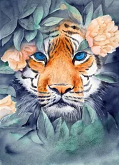 Selbstklebende Fototapeten Watercolor illustration of a striped orange tiger peeking out from a thicket of leaves and flowers © Мария Тарасова
