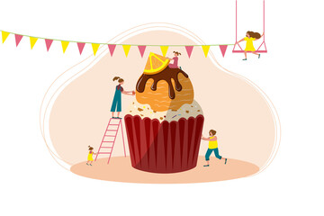 Bakery and Sweet Food Concept. Women decorate large muffin. Cupcakes with ice cream, chocolate, orange. Sweet pastries, picture for menus, coffee shops