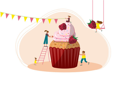 Bakery and Sweet Food Concept. People decorate large muffin. Cupcake with cream and raspberries. Sweet pastries, picture for menus, coffee shops