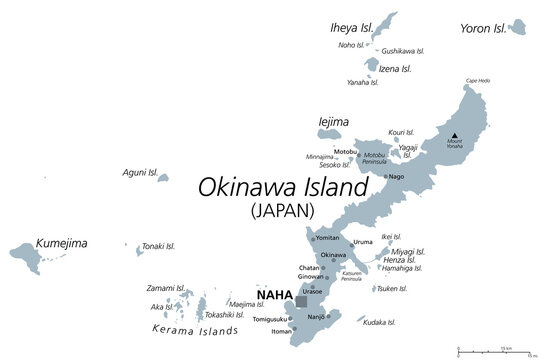 Okinawa Islands, gray political map. Island group in the Okinawa Prefecture of Japan, in the East China Sea, with the capital Naha. Part of the larger Ryukyu Islands. English labeling. Illustration.