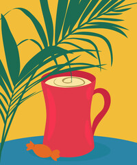 A cup of coffee stands on the table, candy, pattern on coffee, plant for decor, tropical leaf decor