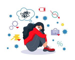 A sad girl in a protective mask during the financial crisis. Market volatility