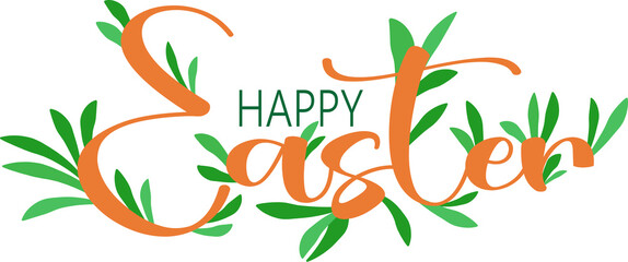 Fototapeta premium Decorative inscription happy easter decorated with leaves, lettering, holiday illustration