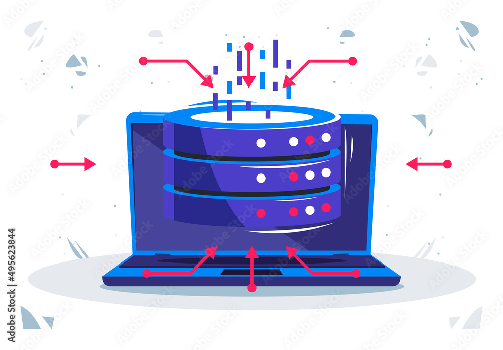 Poster vector illustration of a data center, disks for storing information on a laptop