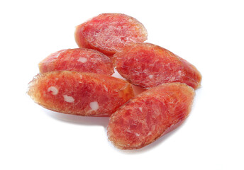 Close up of Chinese sausage sliced, chinese pork sausages for cooking on white background.