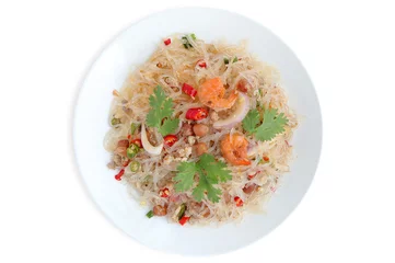 Deurstickers Glass noodle salad, delicious spicy glass noodles with minced pork, dried shrimp, peanut and vegetable on the white background with clipping path.thai called " yum woon sen" serve in white dish. © Yuphayao Pooh's