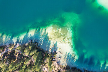 Beautiful green lake Hintersee Ramsau Berchtesgardner Land Alps birds eye view drone DJI Air 2s