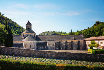 Provence. View of the Senanque Abbey at the sunny day with lavender field in front