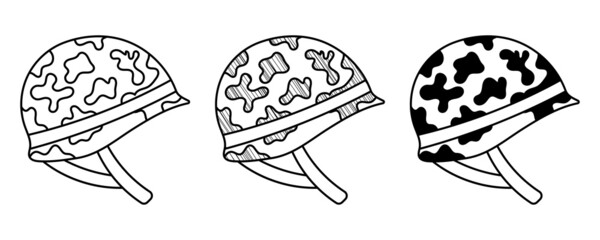 Set of hand drawn vector military helmets in a doodle cartoon style