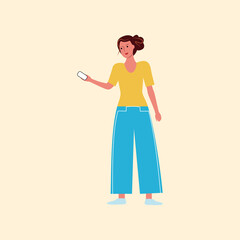 Cartoon woman holding a smartphone in her hands, talking and reviewing messages. Flat vector. a female student in a trendy t-shirt and jeans is chatting. promise online.