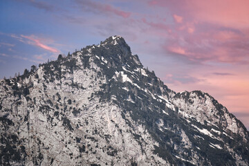 Sunrise sunset over snow covered mountains Ramsau Berchtesgardner Land Alps