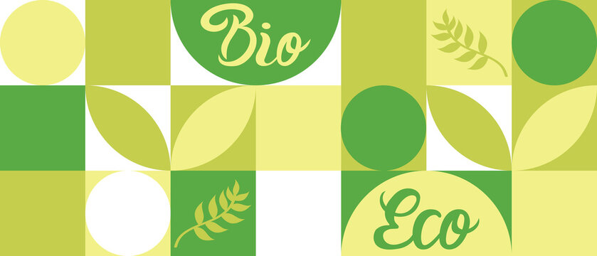 Bio label for ecological social projects, seamless pattern for green flowers eco packaging. Banner in natural style, mosaic of geometric white shapes.