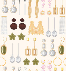 Gold earrings accessories seamless pattern for packaging, wallpaper, cover, poster, template, and more. Textile print. Flat style illustration