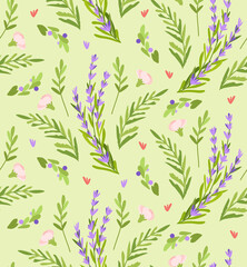 Lavender seamless vector pattern on green background. Cute floral spring print. Modern texture design. Flat style illustration