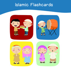 Cute Islamic image flashcards. Islamic flashcards collections. Colorful printable flashcards for preschool Educational printable game cards. Vector illustration