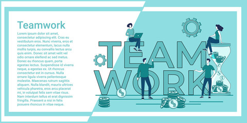 Teamwork.People work together on business projects.An illustration in the style of a green landing page.