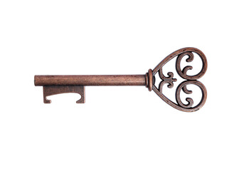 Close up of old antique key, bronze skeleton key on white background. clipping path included.
