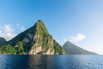 Scenic view of the Gros Piton mountain peak against the blue sky background - obrazy, fototapety, plakaty