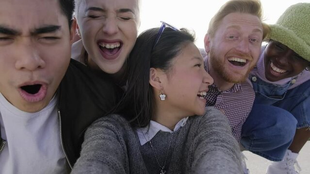 Multiracial best friends taking selfie footage outside - Mixed race teenagers having fun enjoying summertime day out together - Group of millenial people laughing at camera - Friendship concept	
