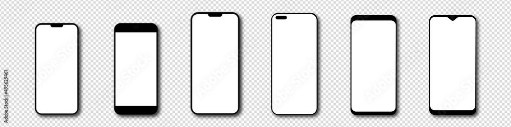 Poster set of vector modern phones with blank screen on transparent background with realistic shadow. phone