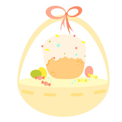 Vector illustration of an Easter bun with pink icing and colored dragees in a basket. Easter basket. Easter. Isolated