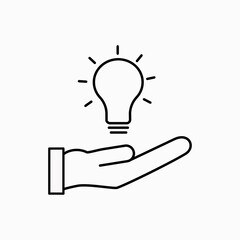 Vector editable real line icon of receiving or giving a idea or concept in a light bulb visual for brainstorm sessions or creative business and future innovation in a open hand symbol pictogram