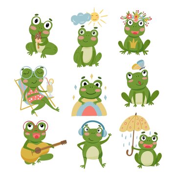Set of cute cartoon frogs. Vector graphics on a white background, for the design of postcards, posters, stickers, prints for children clothes, mugs, pillows.