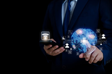 businessman using wifi communicate online high speed wifi It works over a wireless connection. The concept of the world of communication without limitation.