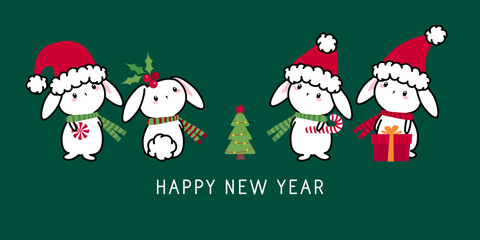 Christmas or New year tree. Cute rabbit, bunny. 2023 Winter background with rabbit horoscope sign. Chinese year of rabbit 2023. Happy New Year. Concept art of symbol Chinese new year