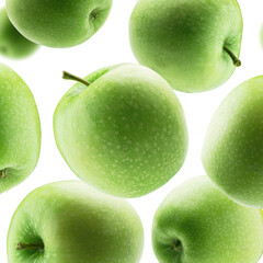 Green apples levitate on a white background