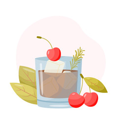 Whiskey-cola cocktail with cherries and leaves in the background. Menu design elements. Summer cocktail in a flat style.