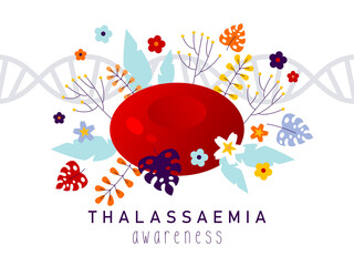 International Thalassaemia Day May 8th. Thalassaemia awareness, inherited condition affecting the blood. Thalassaemia blood test. Blood red hemoglobin and DNA. Medical flat illustration. Health care