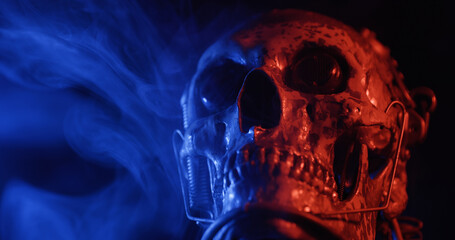 Robotic skull with blue and red lights and smoke