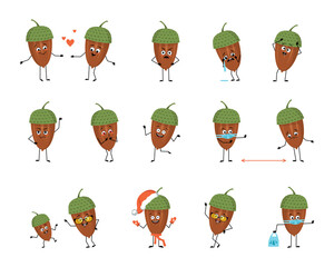 Character acorn with happy or sad emotions, panic, loving or brave face, hands and legs. Cheerful forest plant person, autumn nut with mask, glasses or hat. Vector flat illustration © Екатерина Полякова
