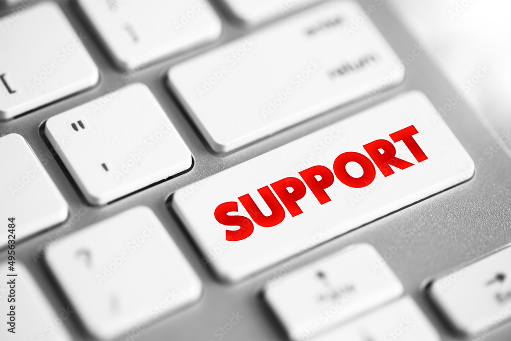 Poster support text button on keyboard, concept background