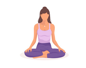 Woman meditating in lotus pose. Faceless girl practices yoga.  Concept illustration for yoga, meditation, relax, healthy lifestyle.