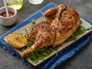 Half of appetizing grilled juicy chicken with golden brown crust served with lemon slices, barbeque sauce and papper.