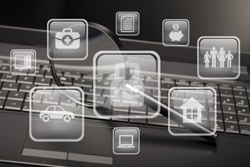 Businessman using a laptop computer to insurance online for car, travel, family and life, financial and health icon.