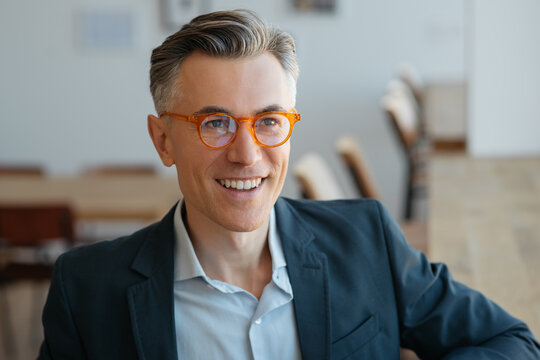 Confident smiling mature businessman wearing stylish eyeglasses sitting in modern office. Portrait of grey haired handsome salesman looking away