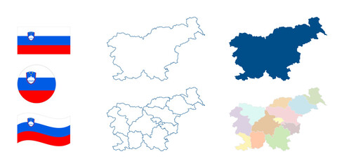 Obraz premium Slovenia map. Detailed blue outline and silhouette. Administrative divisions and statistical regions. Country flag. Set of vector maps. All isolated on white background. Template for design.